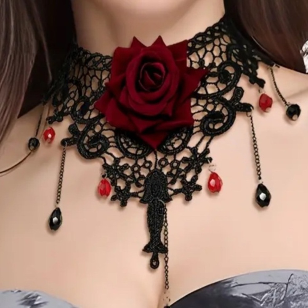 Lulu’s Red Rose & Black Lace Choker Necklace